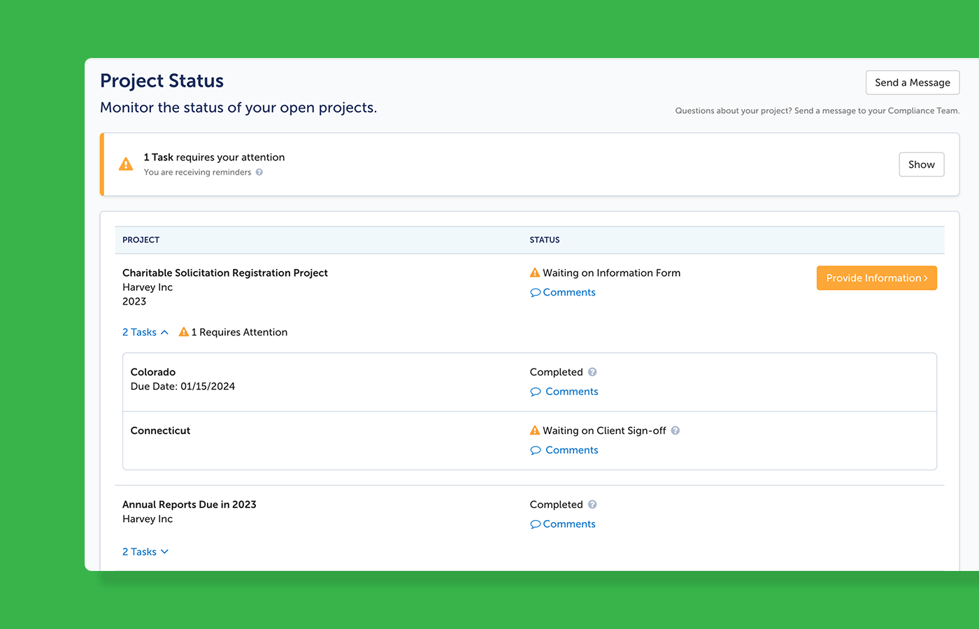 A preview of a Project Status screen