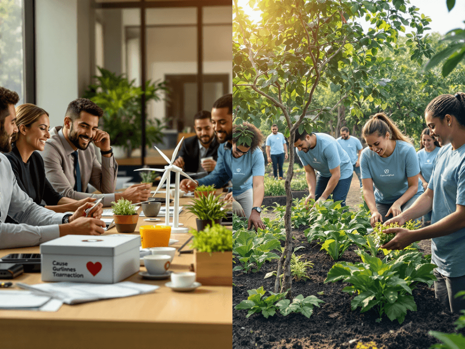 Shows people in office and people in outdoor volunteer work