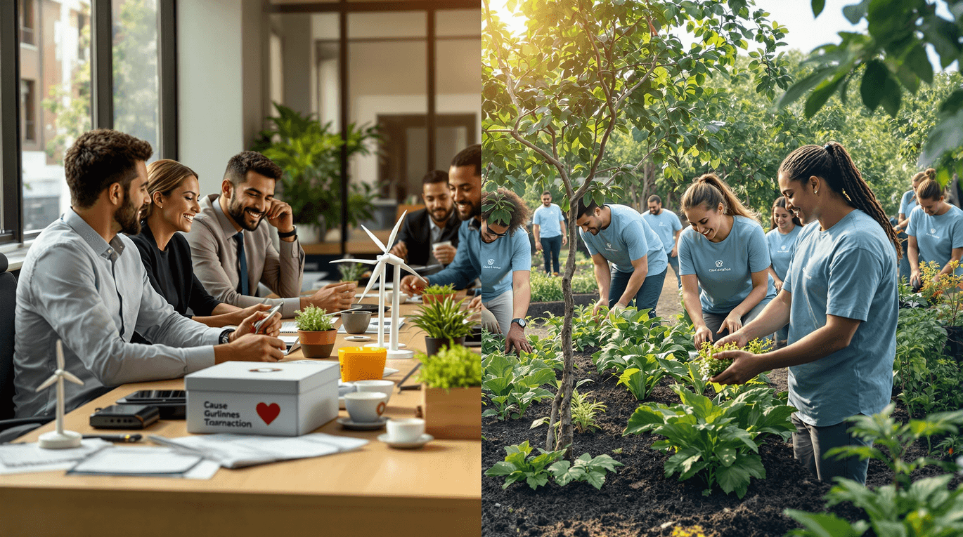 Shows people in office and people in outdoor volunteer work