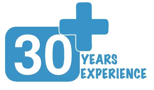 Blue logo that says 30+ years experience