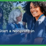A smiling woman with curly hair wearing a blue lanyard is surrounded by diverse volunteers outdoors. Text overlay reads, “How to start a nonprofit in Missouri.”