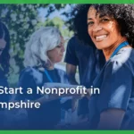 A smiling woman with curly hair wearing a blue lanyard is surrounded by diverse volunteers outdoors. Text overlay reads, “How to start a nonprofit in New Hampshire.”