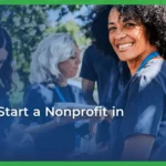 A smiling woman with curly hair wearing a blue lanyard is surrounded by diverse volunteers outdoors. Text overlay reads, “How to start a nonprofit in Utah.”