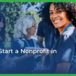 A smiling woman with curly hair wearing a blue lanyard is surrounded by diverse volunteers outdoors. Text overlay reads, “How to start a nonprofit in West Virginia.”