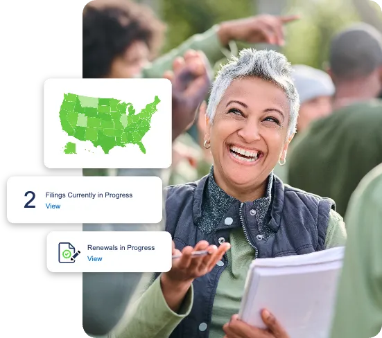 Smiling person holding a clipboard outdoors, surrounded by people. Overlay of a U.S. map and progress bars showing filings and renewals in progress.