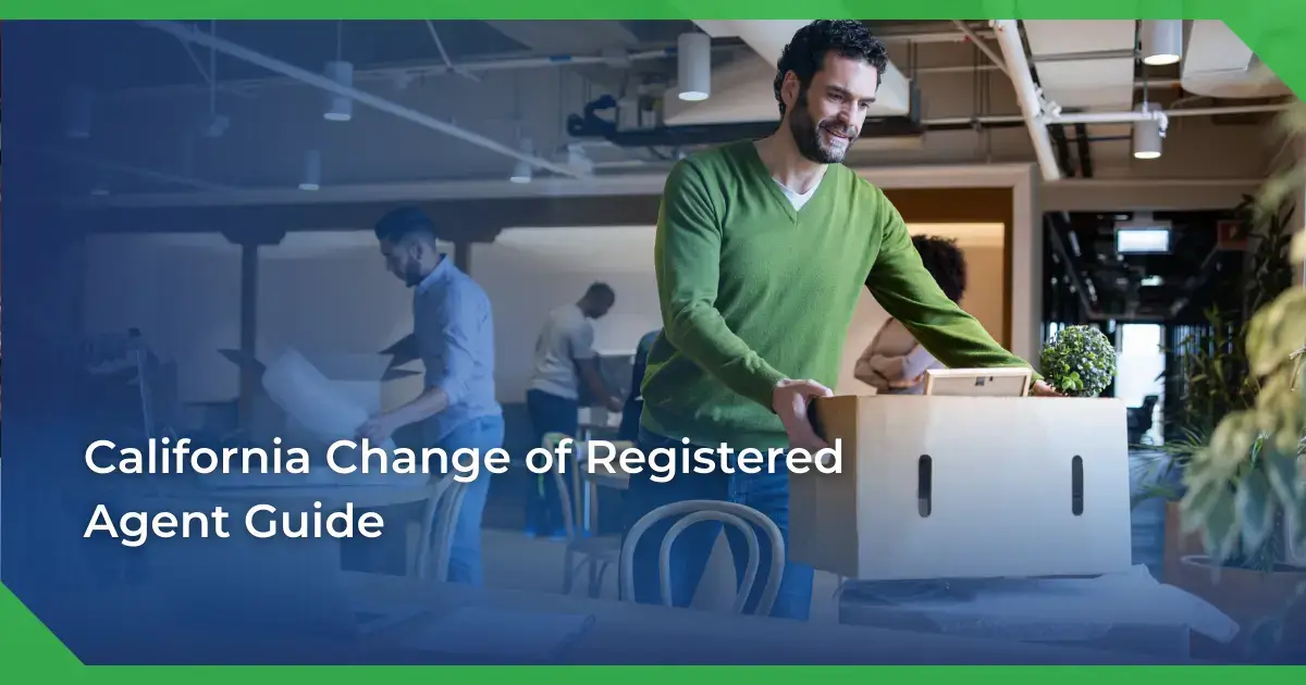 Man in a green sweater smiling and carrying a box in an office setting. Others are packing or working. Text reads California change of registered agent for a nonprofit.