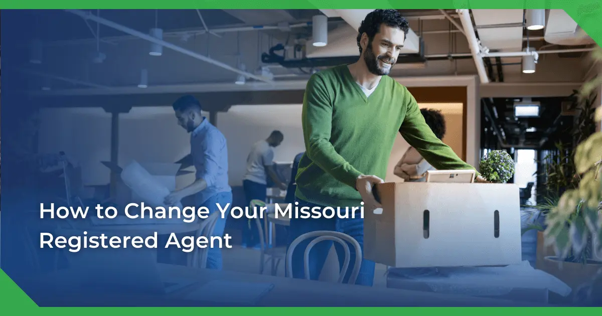 Man in a green sweater smiling and carrying a box in an office setting. Others are packing or working. Text reads Missouri change of registered agent for a nonprofit.