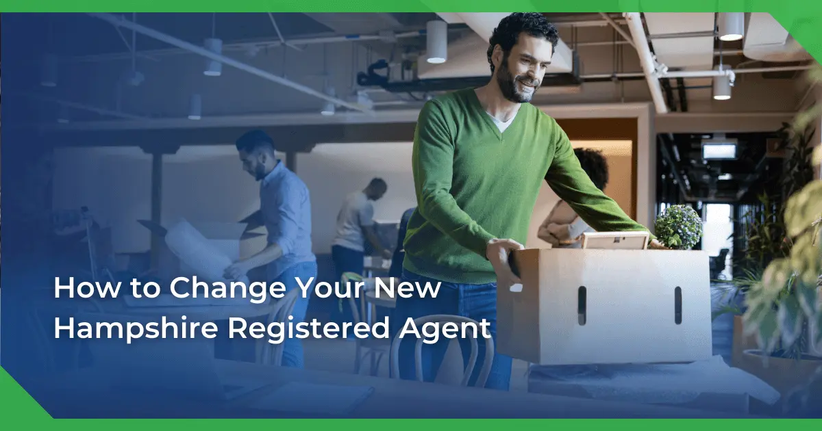 Man in a green sweater smiling and carrying a box in an office setting. Others are packing or working. Text reads New Hampshire change of registered agent for a nonprofit.