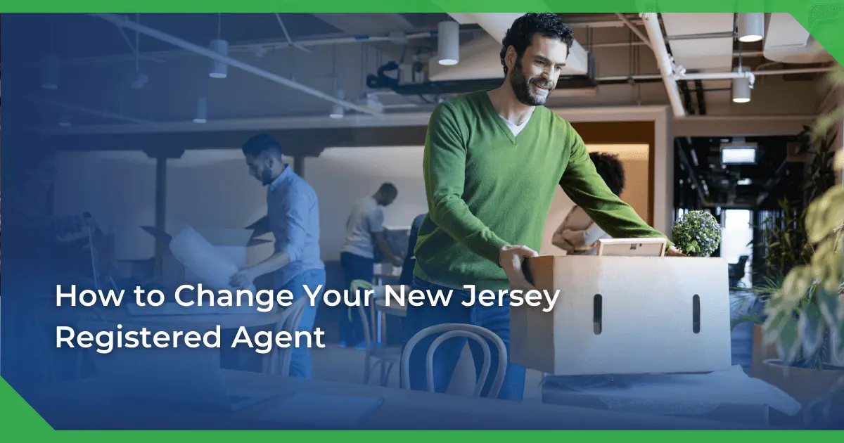 Man in a green sweater smiling and carrying a box in an office setting. Others are packing or working. Text reads New Jersey change of registered agent for a nonprofit.