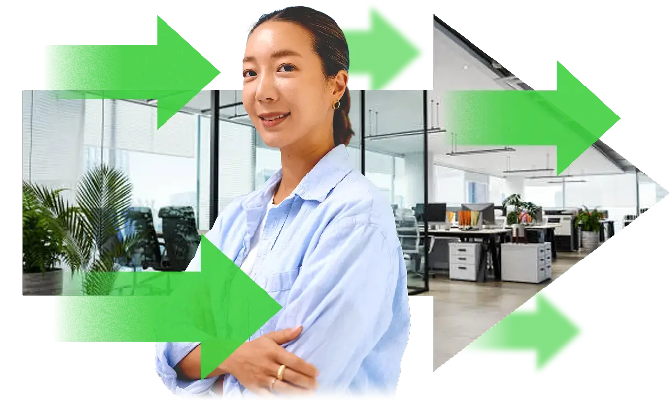A confident woman in a blue shirt stands with folded arms. She's overlaid on an office background with green arrows, conveying growth and direction.