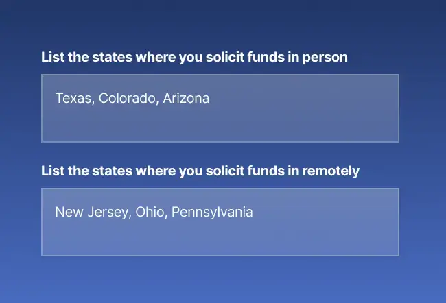 White text on a blue background lists states for fundraising. In-person: Texas, Colorado, Arizona. Remotely: New Jersey, Ohio, Pennsylvania.
