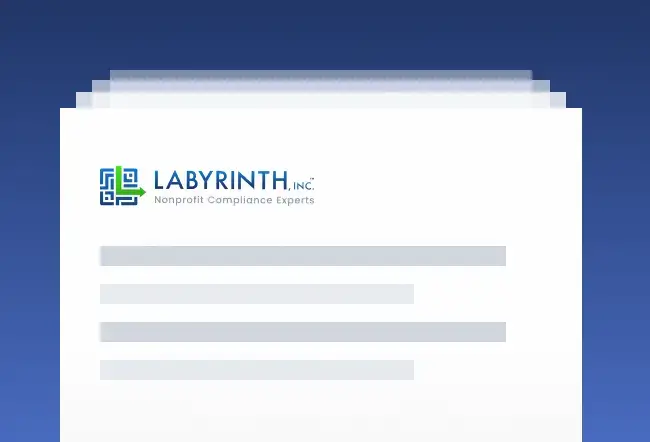 Stacked documents with a blue gradient background. Labyrinth, Inc. logo on top. Text lines visible below, signifying content or information.