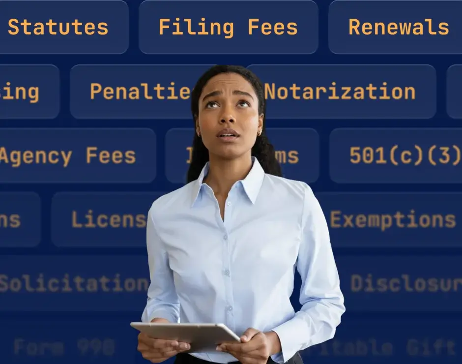 A woman in a white blouse holds a tablet, looking upward with a thoughtful expression. Background features text: Statutes, Filing Fees, Renewals.